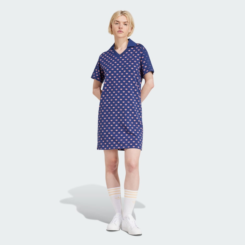 adidas Monogram V-Neck Collar Short Sleeve Dress